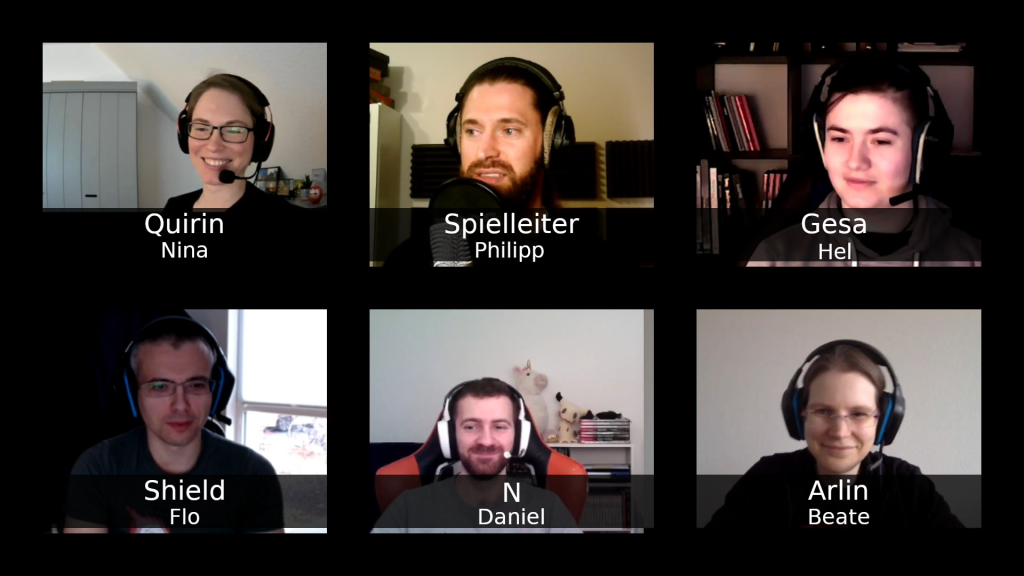 Ein Screenshot aus der Aufnahme der ersten Session mit dem Spielleiter Philipp und den Spieler:innen Nina, Hel, Flo, Daniel und Beate