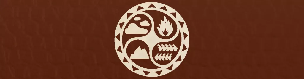 Ein Symbol auf rotem Hintergrund, das in einem geviertelten Kreis Symbole der vier Elemente Feuer, Wasser, Erde und Luft darstellt.